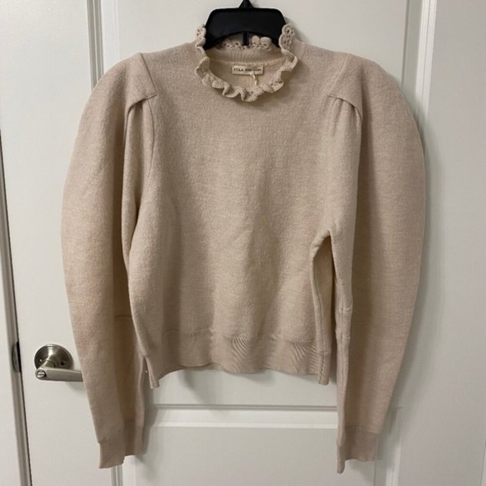 Ulla Johnson Josie Balloon Sleeve Sweater Ivory L Large Merino Wool Ruffle Top